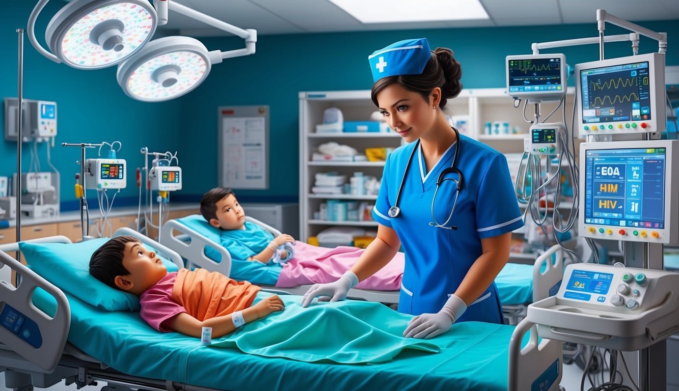 A nurse in a pediatric intensive care unit (PICU) caring for young patients with specialized medical equipment and monitoring devices