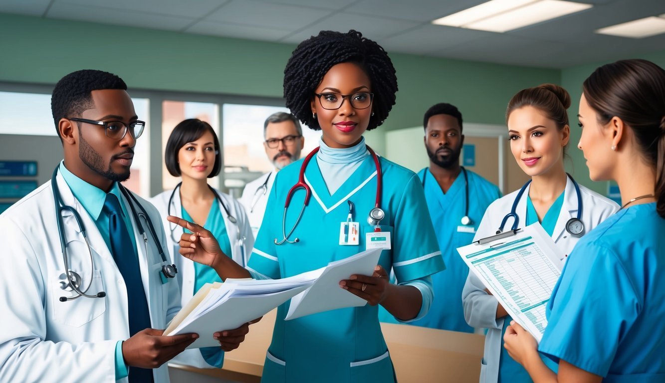 Group of diverse medical professionals reviewing paperwork in a hospital
