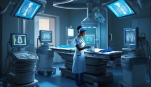 A medical professional in an operating room with monitors displaying scans