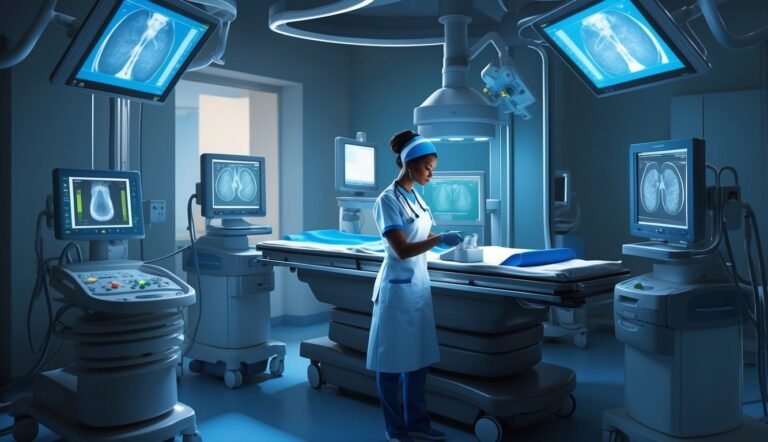 A medical professional in an operating room with monitors displaying scans