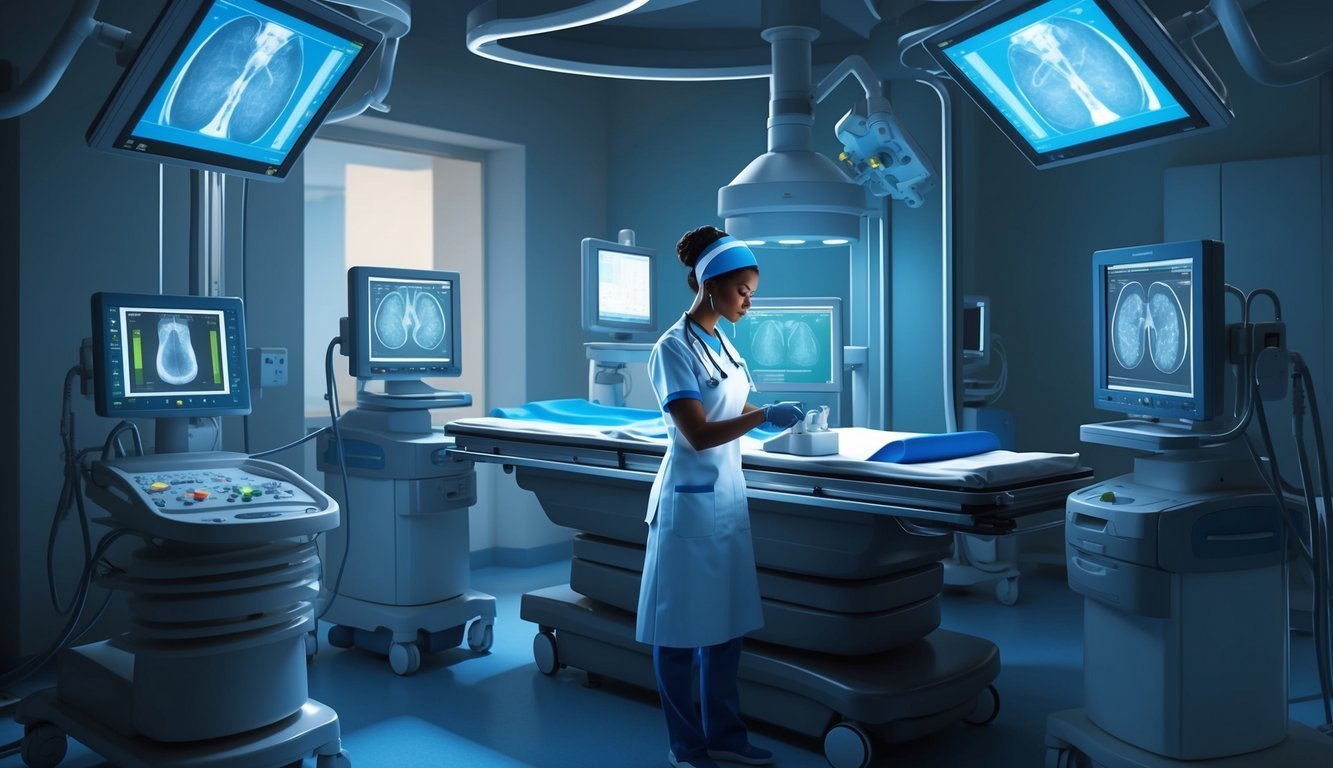 A medical professional in an operating room with monitors displaying scans