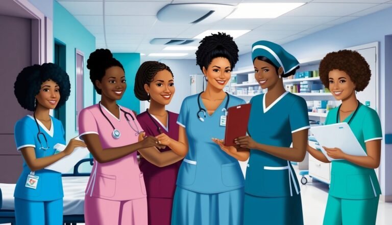 Six smiling Black nurses in scrubs stand in a hospital hallway