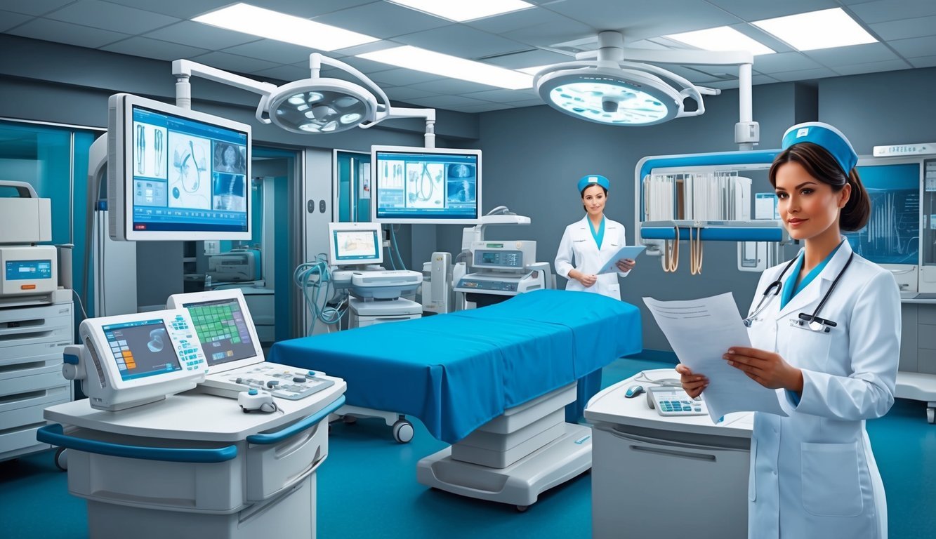 A busy interventional radiology suite with medical equipment and monitors, and a nurse reviewing patient charts