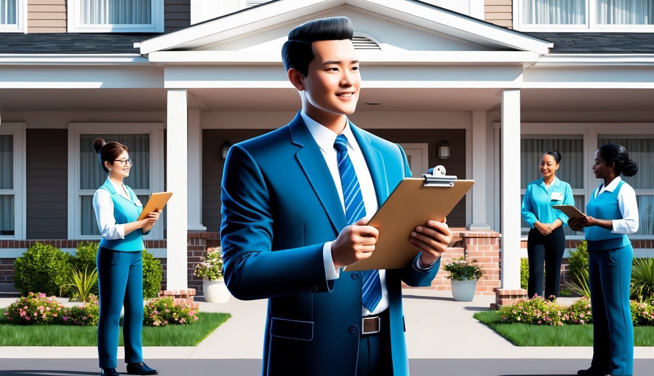 Real estate agent with team in front of a house