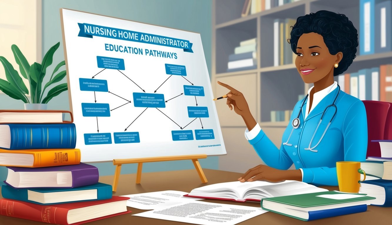 A nursing home administrator reviewing a flowchart of education pathways, surrounded by books and documents
