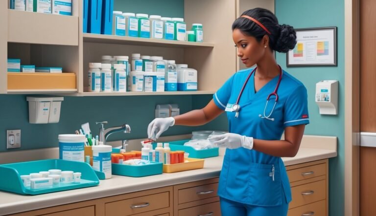 Nurse in scrubs and gloves preparing medication in a pharmacy