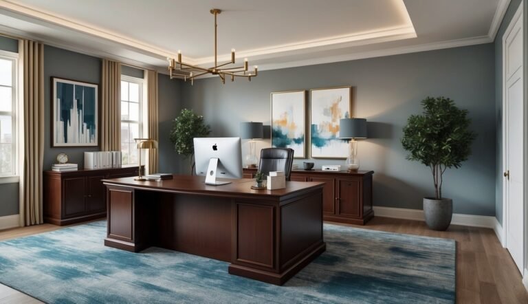 Elegant home office with a large wooden desk and blue rug