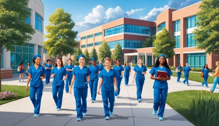 Group of nurses in blue scrubs walking outside a hospital building