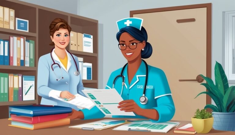 Two smiling nurses reviewing paperwork in an office setting