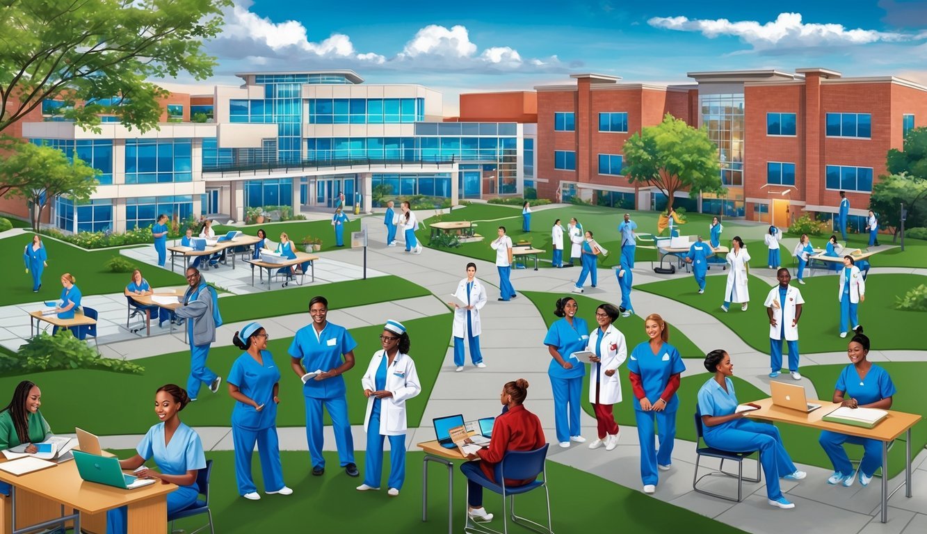 A university campus with nursing students in classrooms, labs, and clinical settings, surrounded by faculty and staff guiding their career pathways in nursing