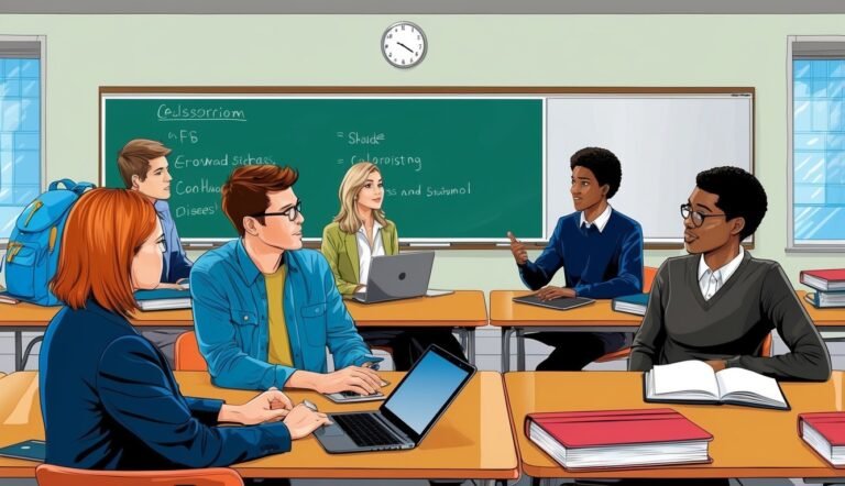 Students in a classroom with a chalkboard, laptops, and books