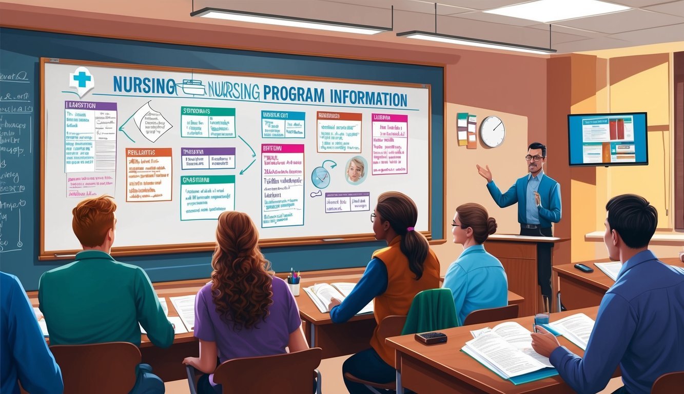 A classroom setting with a whiteboard filled with nursing program information, students engaged in learning, and a professor leading the class