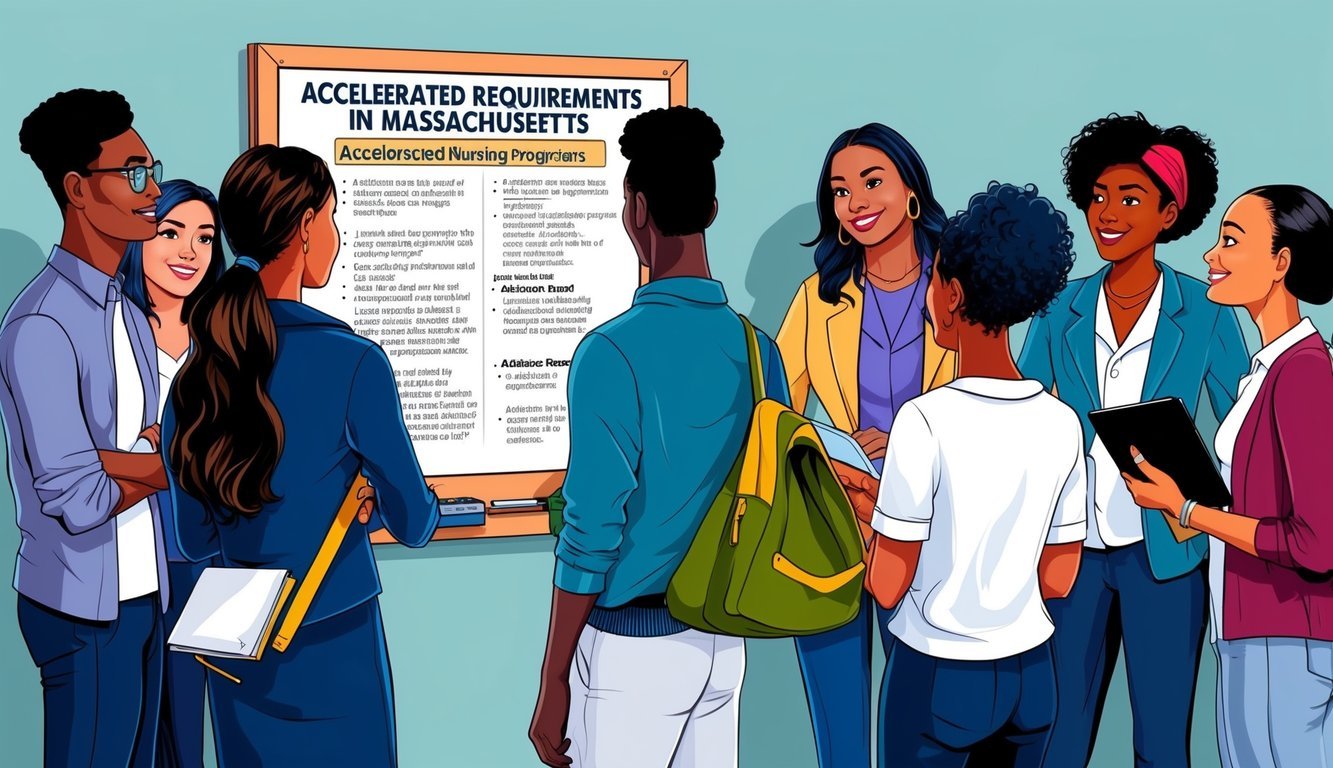 A group of diverse students gather around a bulletin board listing admission requirements and prerequisites for accelerated nursing programs in Massachusetts
