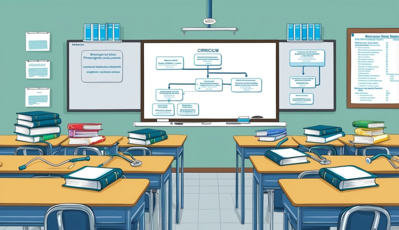 A classroom with textbooks, stethoscope, and medical equipment on desks, surrounded by a whiteboard with a detailed curriculum structure
