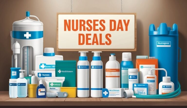 Nurses Day Deals" sign above medical supplies and equipment on a shelf