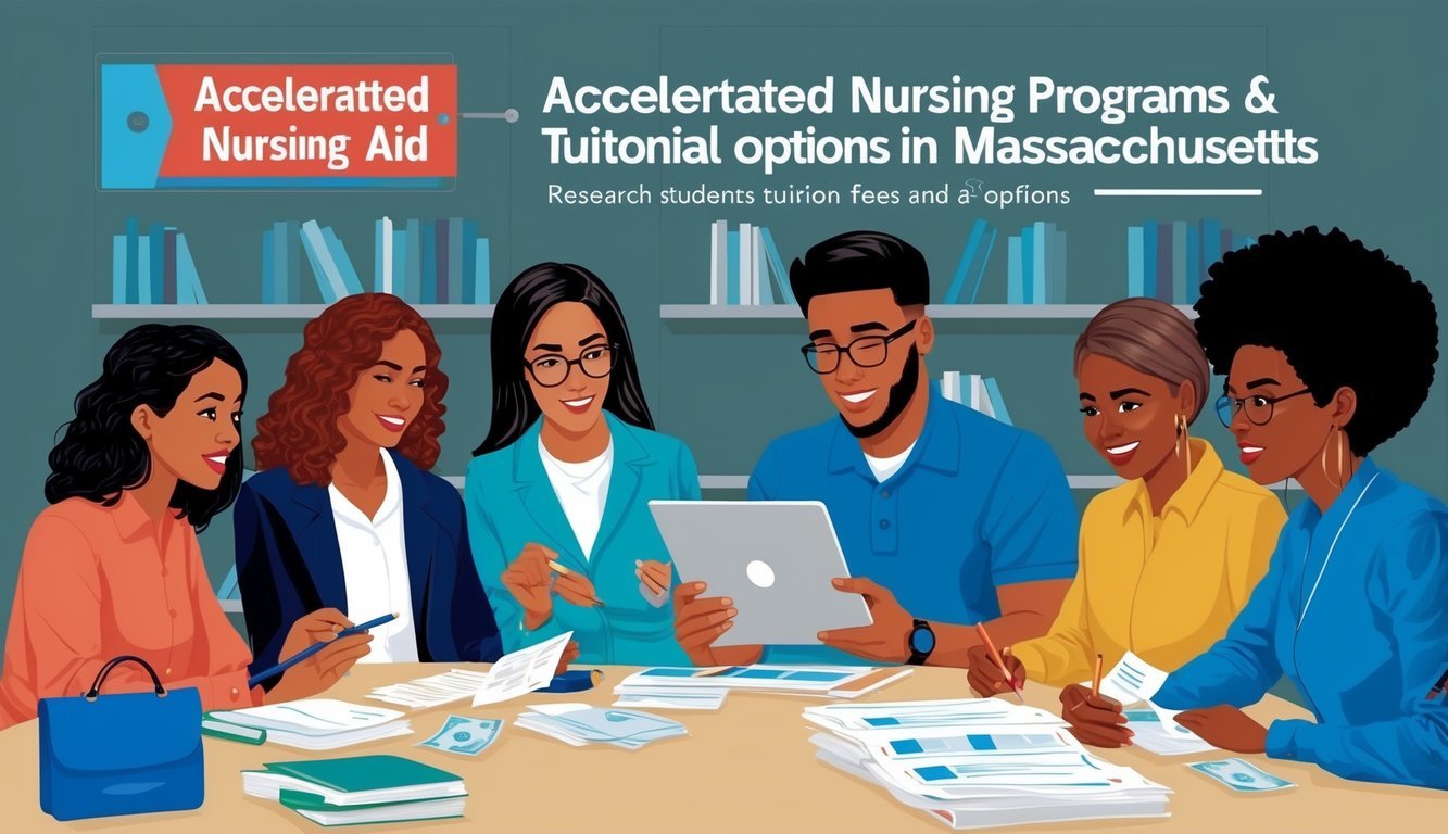 A group of students researching and comparing tuition fees and financial aid options for accelerated nursing programs in Massachusetts