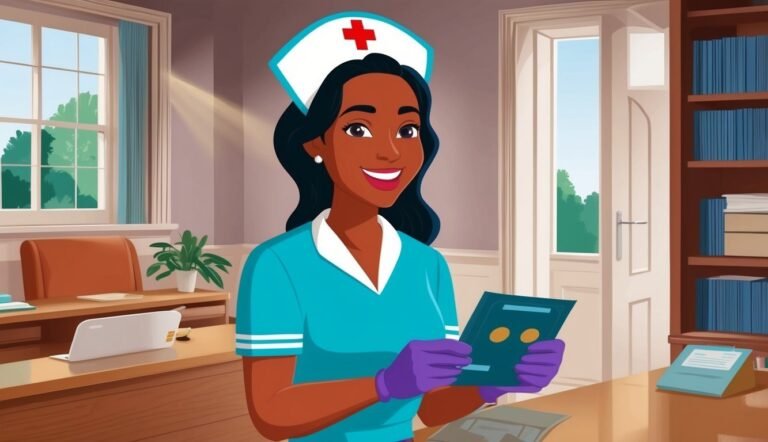 Smiling nurse in uniform holding a file in a brightly lit office