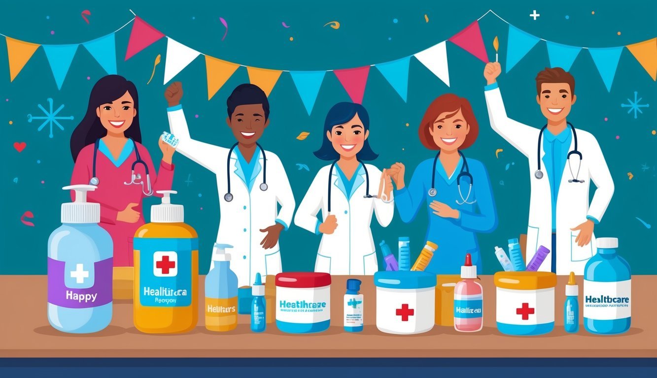 A group of healthcare-related items arranged in a celebratory display