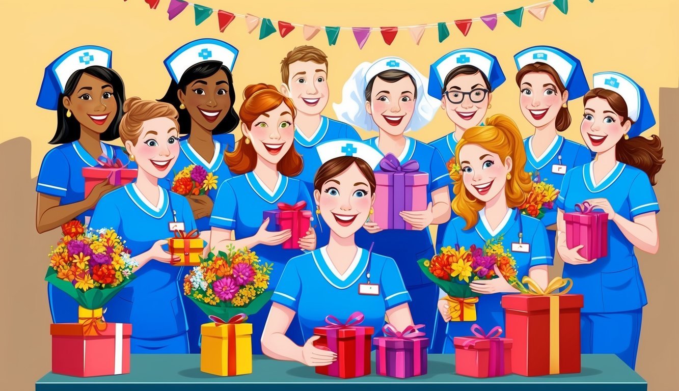 A group of cheerful nurses receiving gifts, flowers, and tokens of appreciation from their colleagues and patients