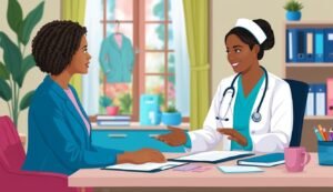 A doctor and patient, both Black women, in a consultation room