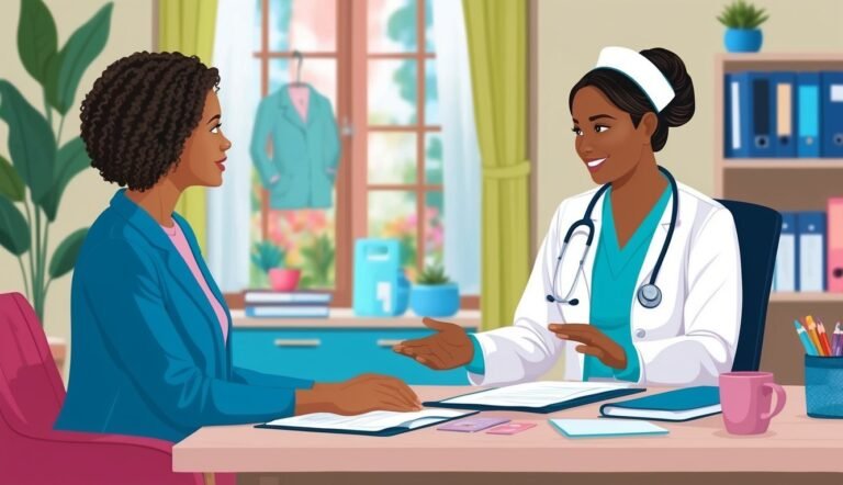 A doctor and patient, both Black women, in a consultation room