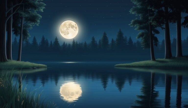 Full moon reflecting on a calm lake surrounded by trees at night