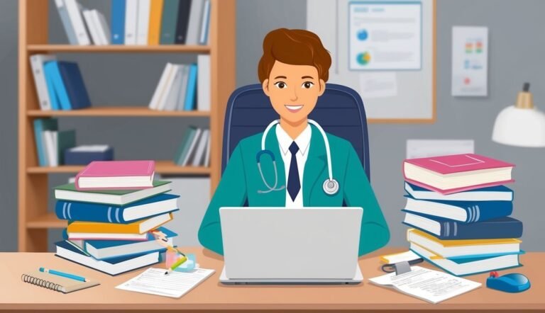 Smiling doctor with stethoscope, laptop, and books at desk