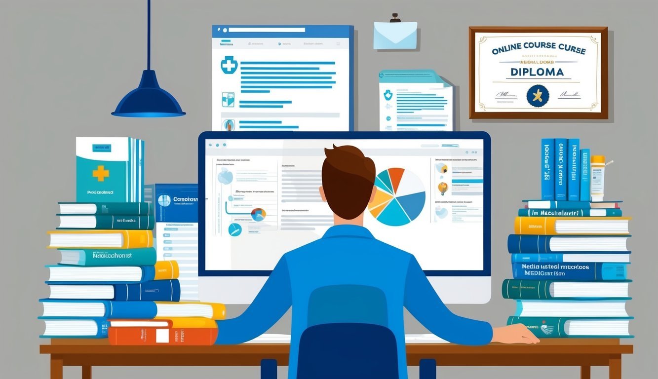 A person sitting at a computer, surrounded by medical textbooks and online course materials, with a diploma hanging on the wall