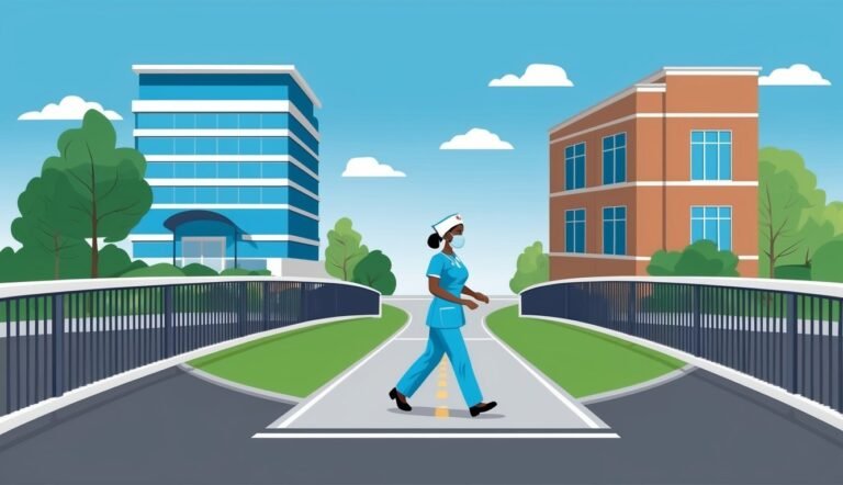 Nurse in scrubs and mask walks between two buildings on a bridge