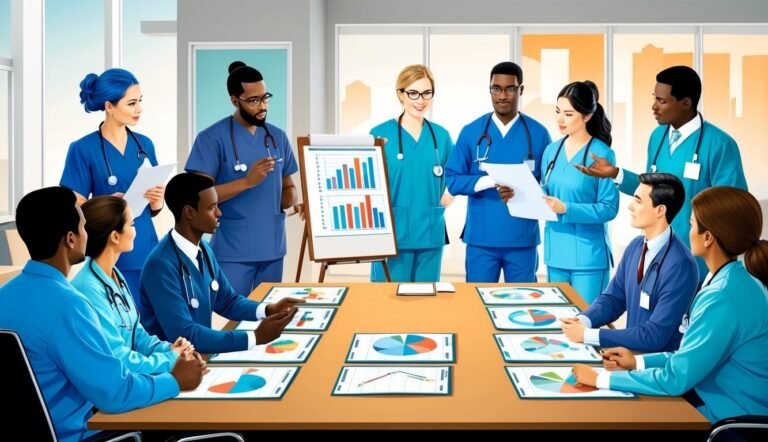 Medical team in scrubs and suits reviewing charts in a meeting