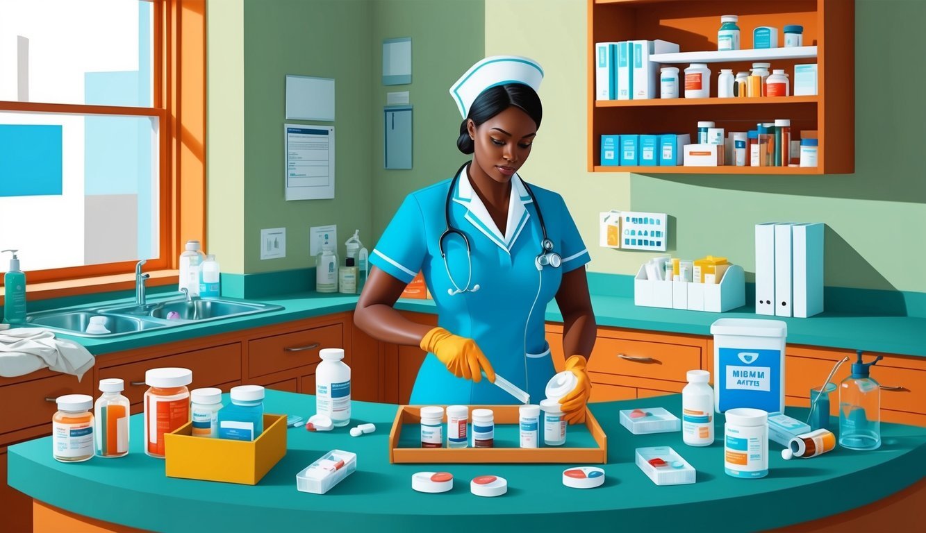 A nurse preparing medications at a well-organized workstation