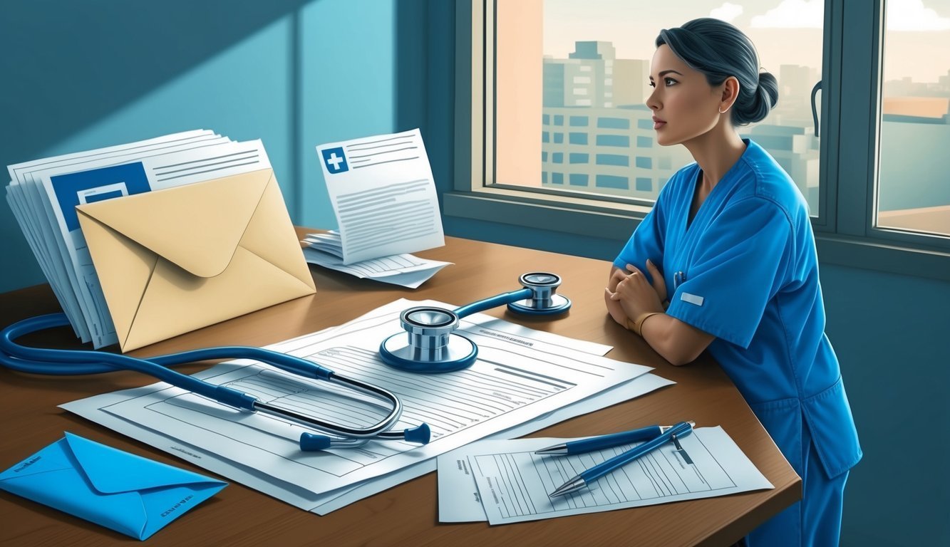 Nurse in blue scrubs looks out window, desk with medical supplies