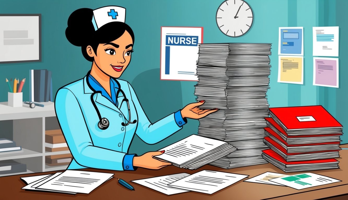 A nurse carefully arranges a stack of cover letter examples on a desk, preparing to polish her own