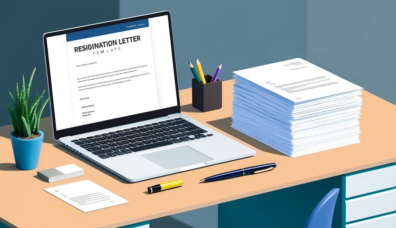 A clean desk with a neatly organized stack of papers and a pen placed on top, next to a computer screen displaying a resignation letter template
