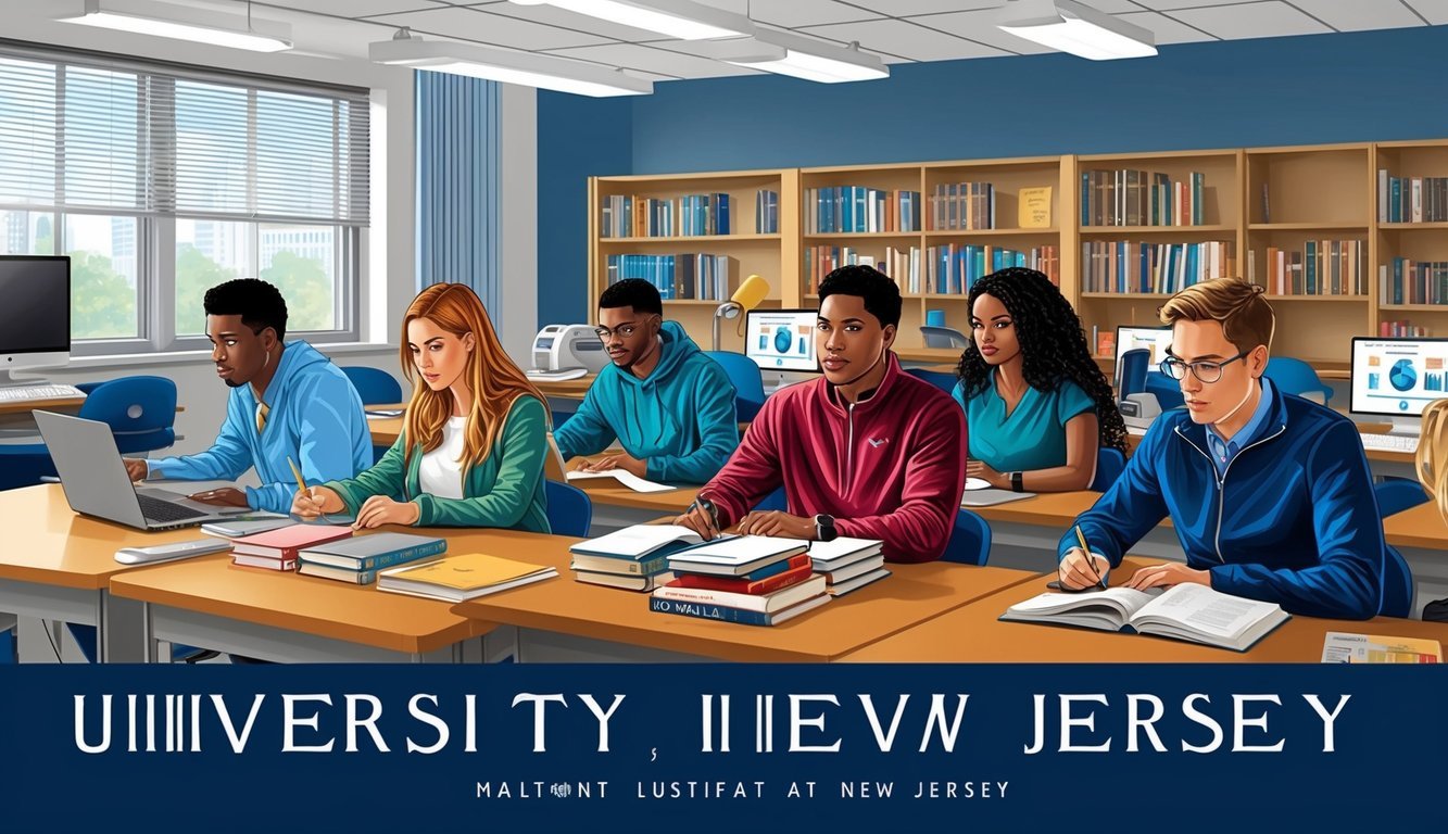 A group of students studying in a modern classroom at a university in New Jersey.</p><p>The room is filled with books, computers, and medical equipment