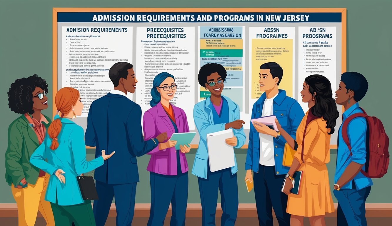 A group of diverse students gathering around a bulletin board displaying admission requirements and prerequisites for ABSN programs in New Jersey