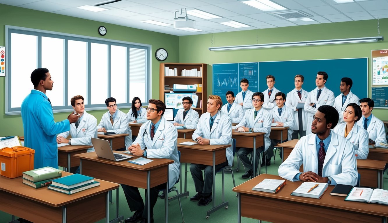 A classroom filled with medical equipment, books, and charts.</p><p>A group of students in white coats listening to a lecturer