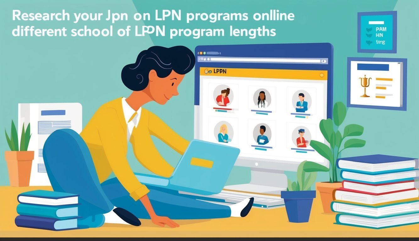 A person researching LPN programs online, comparing different schools and their program lengths