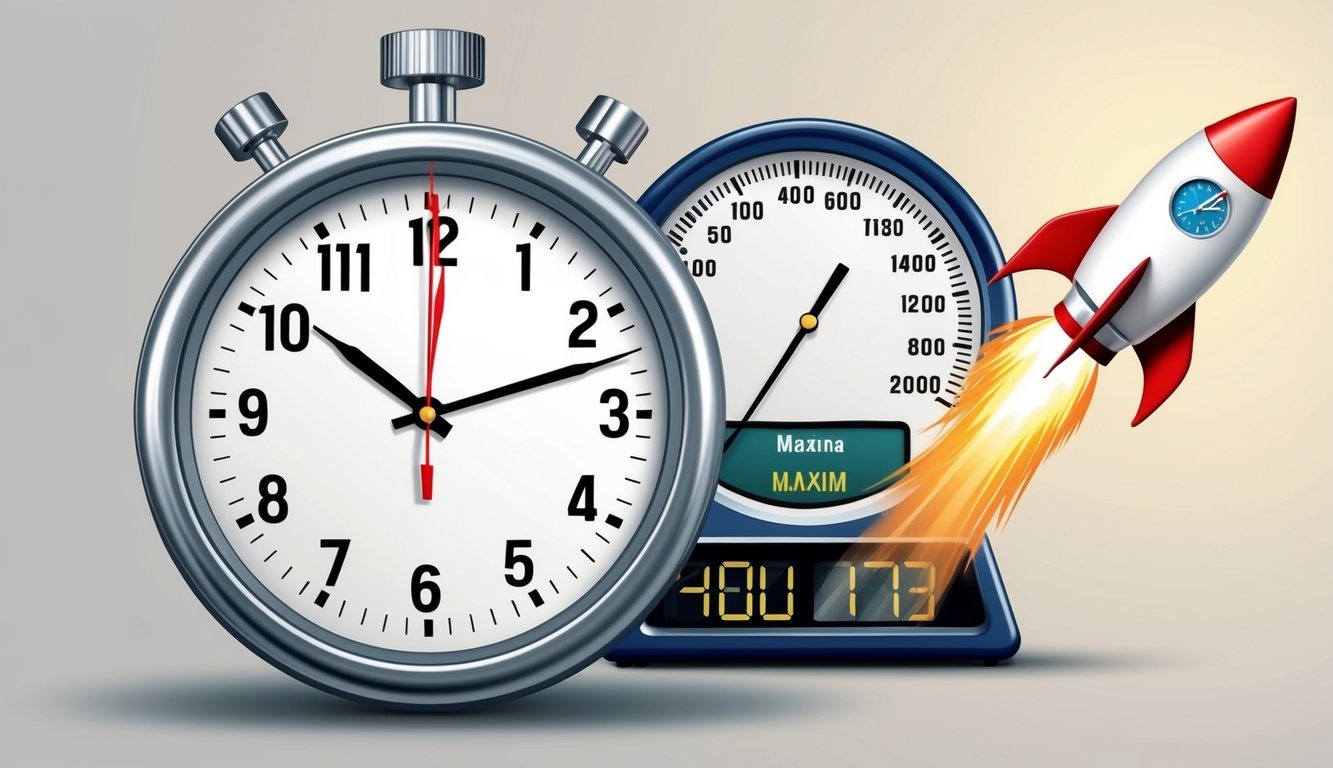 A clock with fast-moving hands, a speedometer at maximum, and a rocket blasting off