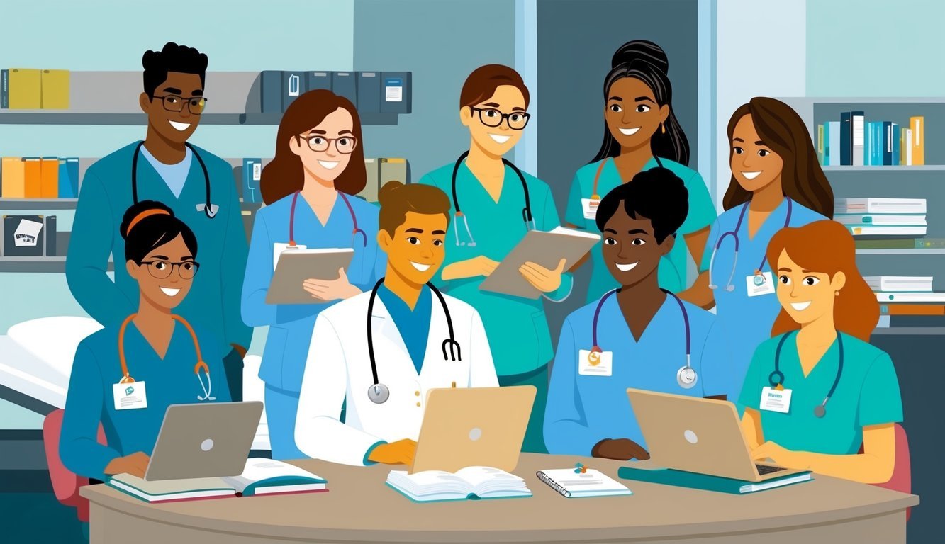 A group of LPNs studying and working in a hospital setting, with one LPN being promoted to a higher position