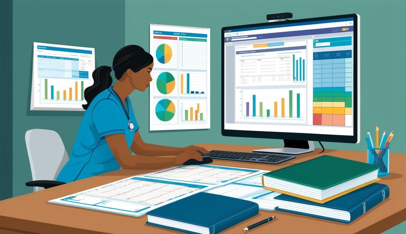 A desk with a computer, medical charts, and coding books.</p><p>A person in scrubs working at the desk