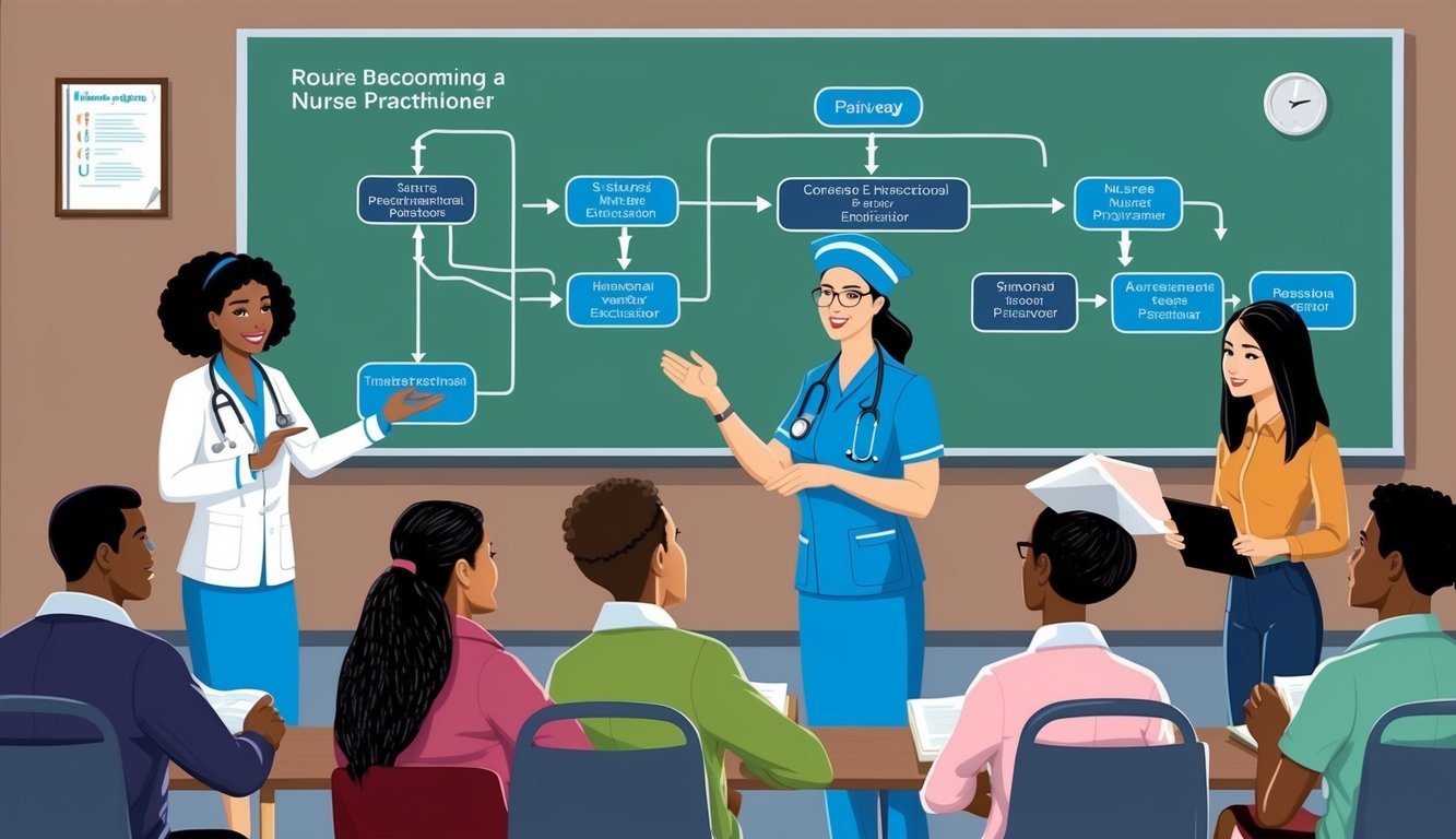 A nurse practitioner teaching a group of students, with a pathway diagram showing the different educational routes to becoming a nurse practitioner