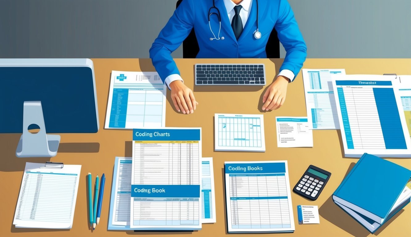 A desk with a computer, medical charts, and coding books.</p><p>A person is working diligently, surrounded by organized paperwork and a calculator