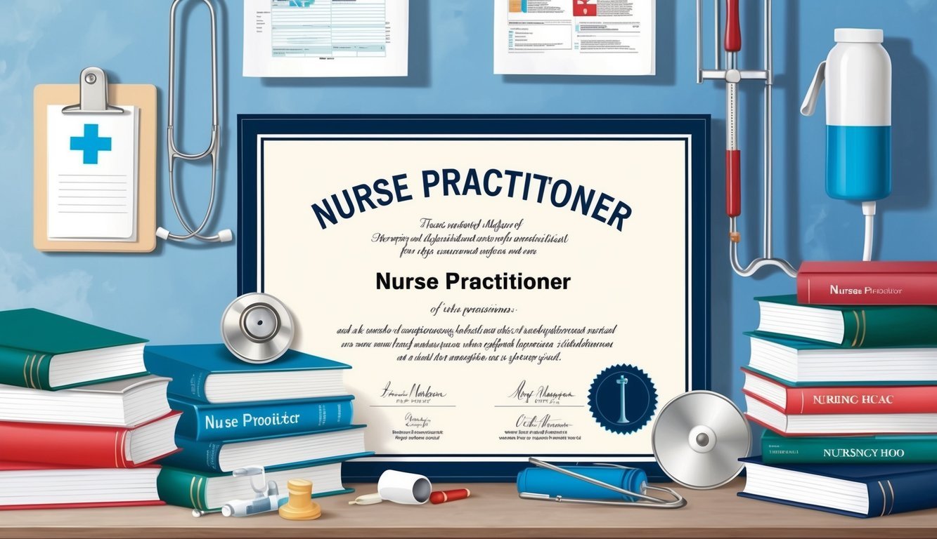 A nurse practitioner diploma on a wall, surrounded by various nursing textbooks and medical equipment