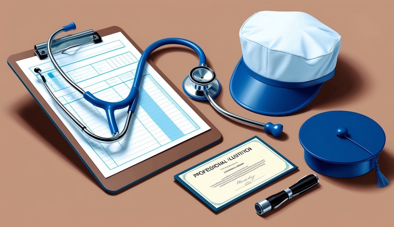 A stethoscope and a clipboard with a medical chart, next to a nursing cap and a diploma on a desk