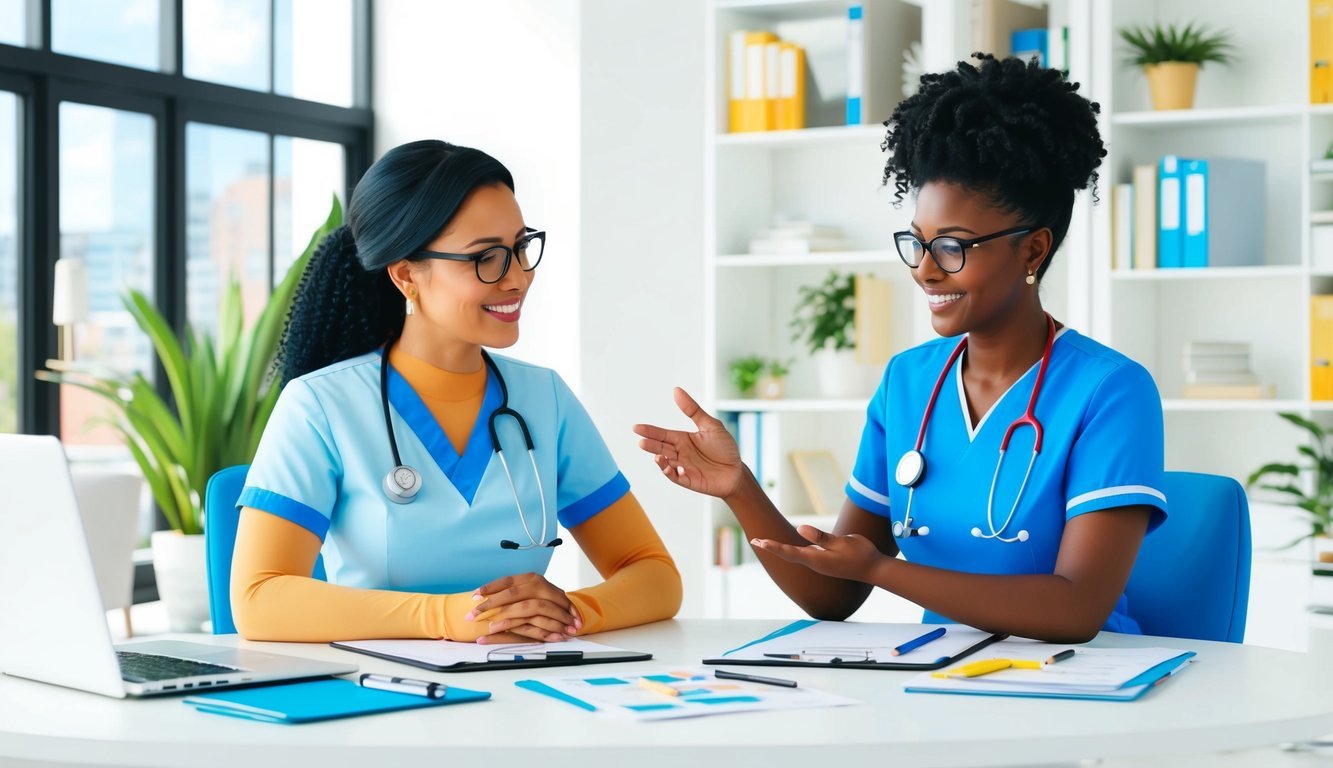 A nurse practitioner and a registered nurse engage in professional development and growth discussions in a bright, modern office setting