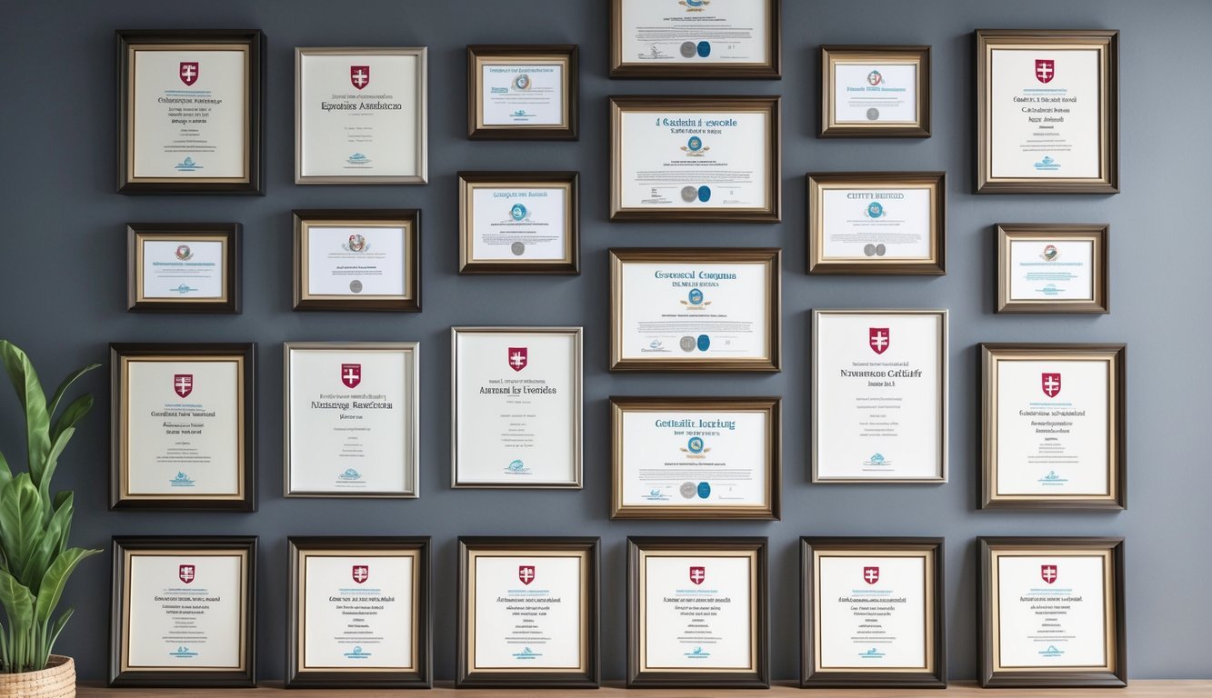 A wall adorned with framed certificates and awards for nursing credentials