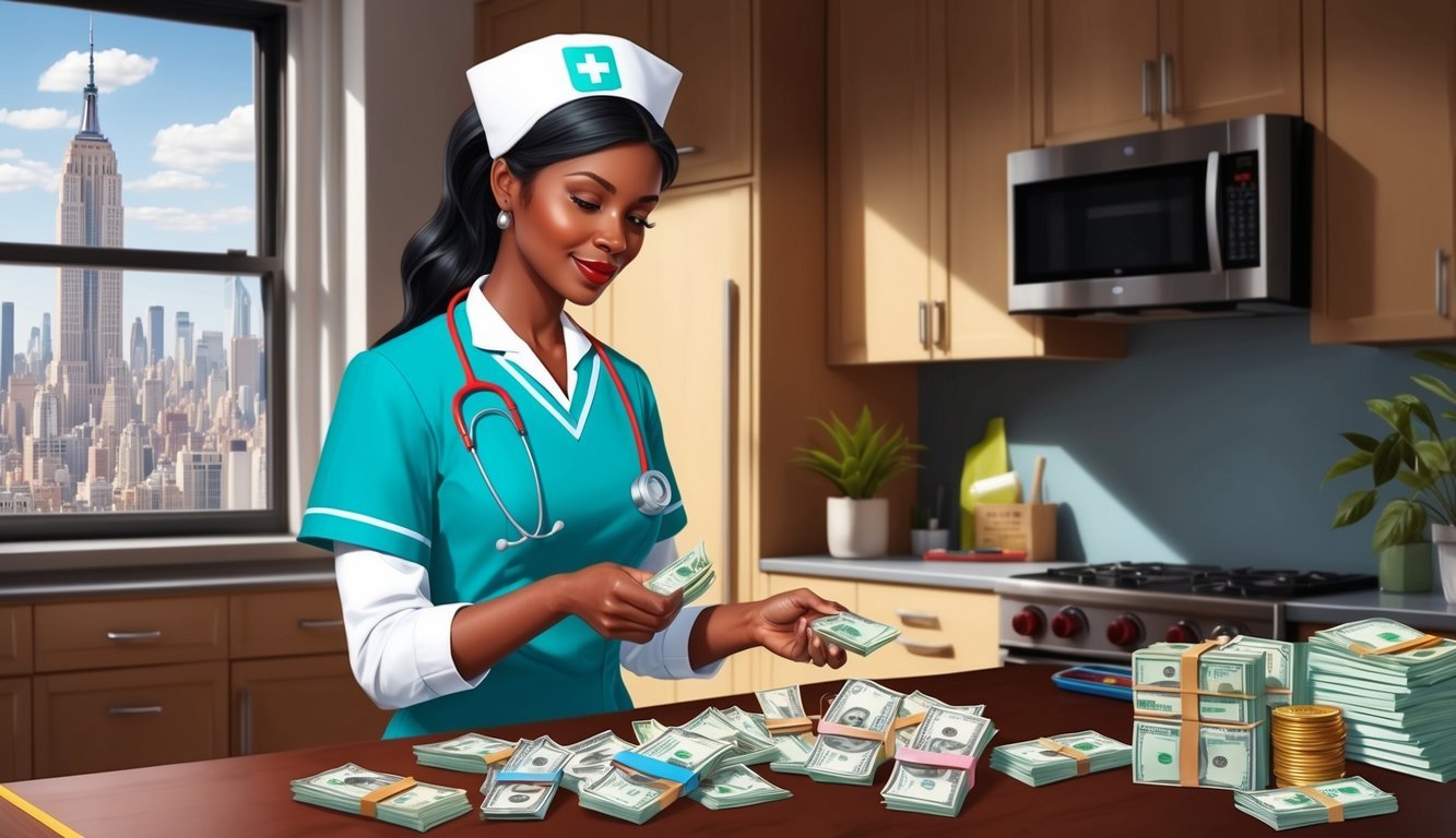 A nurse counting cash in a New York City apartment