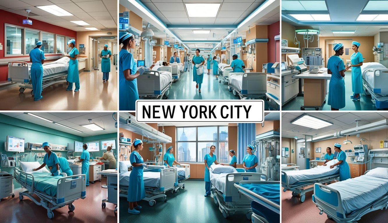 A bustling hospital in New York City, with nurses attending to patients in various settings, from emergency rooms to intensive care units