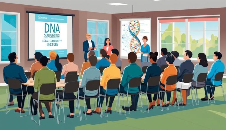 Illustration of a DNA sequencing lecture with presenters and audience
